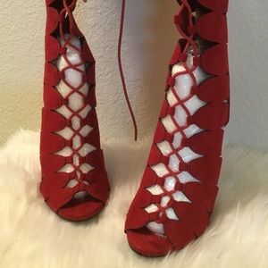 Red knee high boots